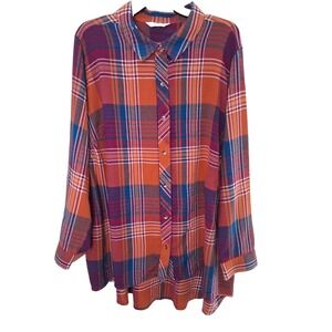 CJ Banks Plaid Tunic Top Womens 3X Hi Low Relaxed‎ Button Front Cabin Girl Prep